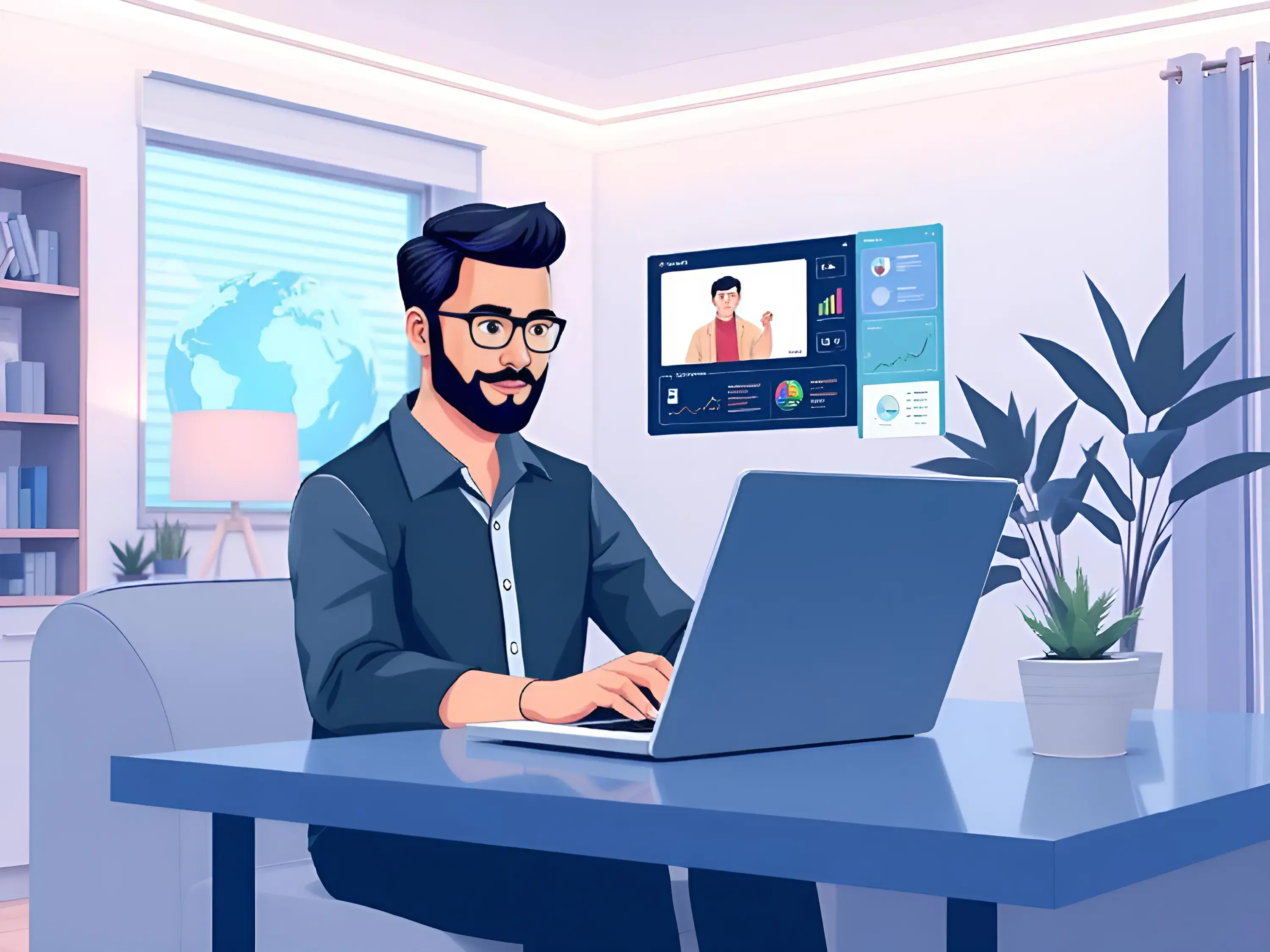 An illustration of a remote fractional CTO working on a laptop in a futuristic home office, symbolizing global connectivity.